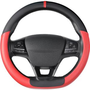 SEG Direct Flat Bottom Steering Wheel Cover, D Shaped Car Wheel Cover 14 1/2-15 in. (37-39 cm), Black Red Microfiber Leather