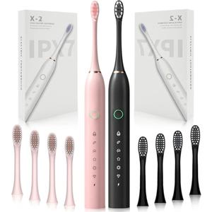 2 Pack Rechargeable Electric Toothbrushes for Adults and Kids, Whitening Tooth Brush with 8 Brush Heads, 6 Cleaning Modes and Smart Timer, Waterproof Cleaning Toothbrushes Set