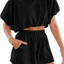 Women Summer 2 Pieces Shorts Sets Bubble Crop Tops Casual Loose Outfits Comfy Lounge Sets (Large, Black)