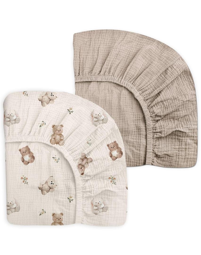 Mini Crib Sheets for Baby Boy Girl 2 Pack, Neutral Mini Crib Mattress Sheet 24" x 38", Muslin Nursery Bedding Soft and Breathable Comfort (Teddy & Friends)