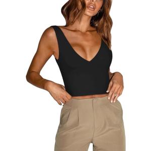 REORIA Butsmooth Womens Trendy Sexy Plunge Deep V Neck Sleeveless V Backless Slim Fit Going Out Crop Tank Tops (XX-Large, Black)