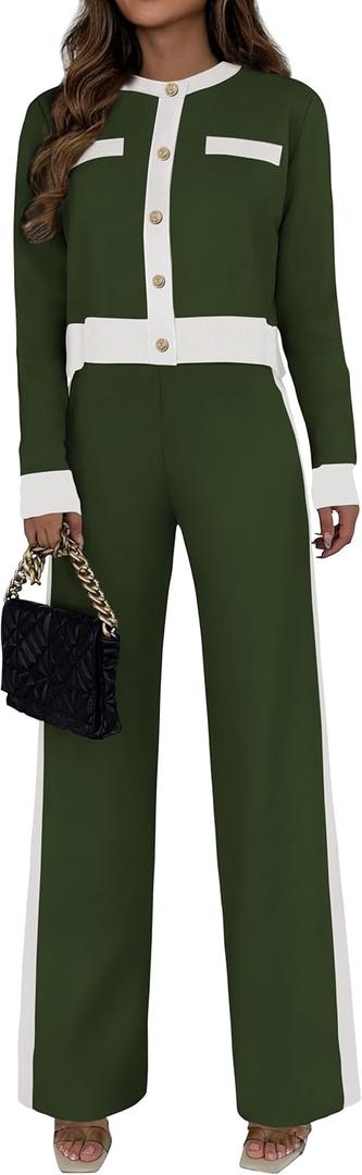 PRETTYGARDEN Women's 2 Piece Outfits Long Sleeve Button Down Color Block Cardigan Sweater Sets Wide Leg Pant Lounge Set (Large, Army Green)