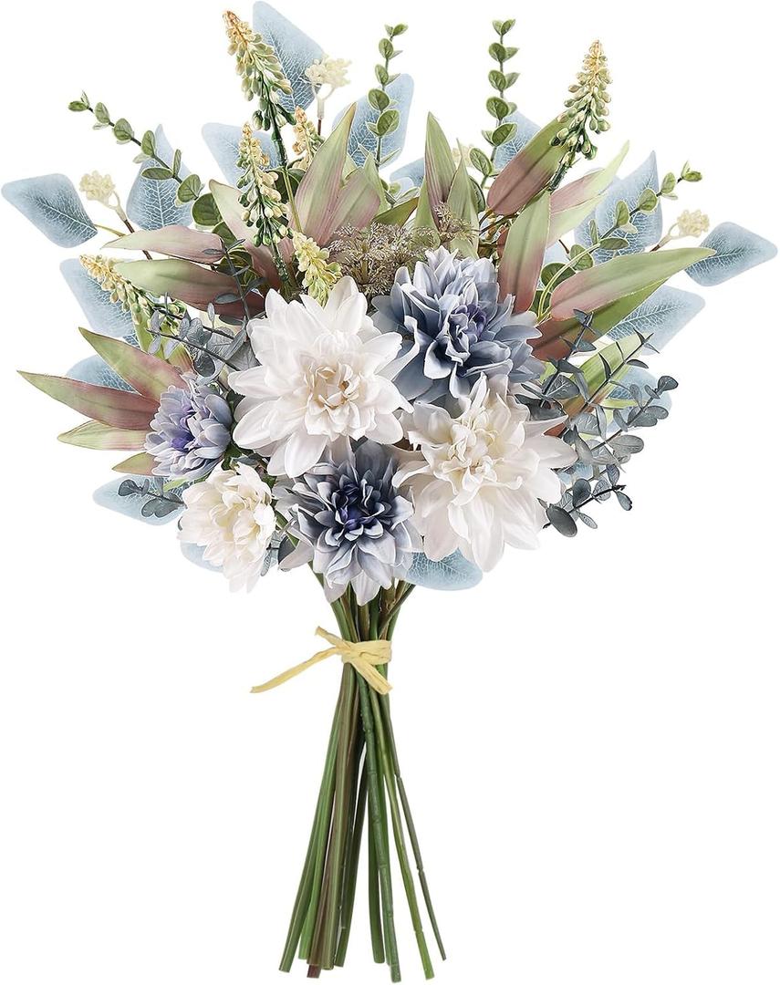 2 Pcs Fake Artificial Flowers Bouquet for Decoration, Silk Flower Arrangements Faux Flowers Plant Wedding Bride Bouquets Tables Centerpieces for Home Decor Indoor Vase Floral Table Decor (Blue White)