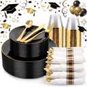 KIRE 175Pcs Black Plates Disposable - Heavy Duty Black and Gold Plastic Plates- 25 for Dinner 25 for Dessert 25 Pre Rolled Gold Silverware and 25 Cups for Graduation/Birthday Party/Wedding