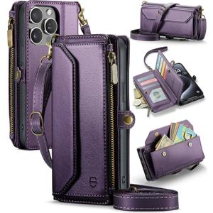 Wallet Case Compatible with iPhone 15 Pro Max RFID Blocking 10-Card Holder Soft PU Leather Magnetic Snap Shoulder Strap Zipper Pocket Phone Case Fit for iPhone 15 Pro Max 6.7" - Purple