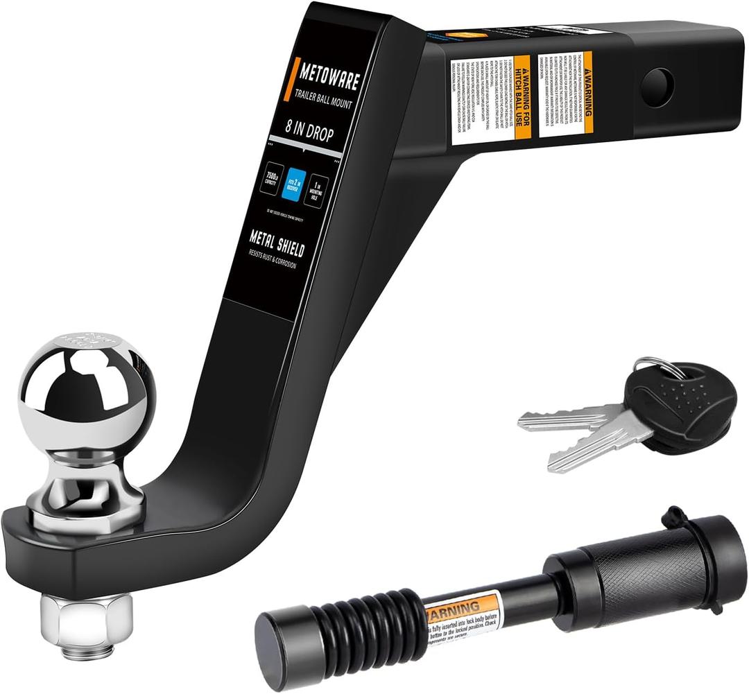 METOWARE Trailer Hitch Ball Mount with 2-5/16 Inch Trailer Ball, Fits 2- Inch Receiver, 7500lbs Capacity Ball Hitch, 8-Inch Drop, Hollow Shank with 5/8" Hitch Lock, Black