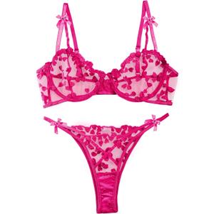 Lilosy Sexy Underwire Cute Push Up Strappy Embroidered Mesh Sheer Lingerie Set See Through Panty Bra (Small, Bow Hot Pink)