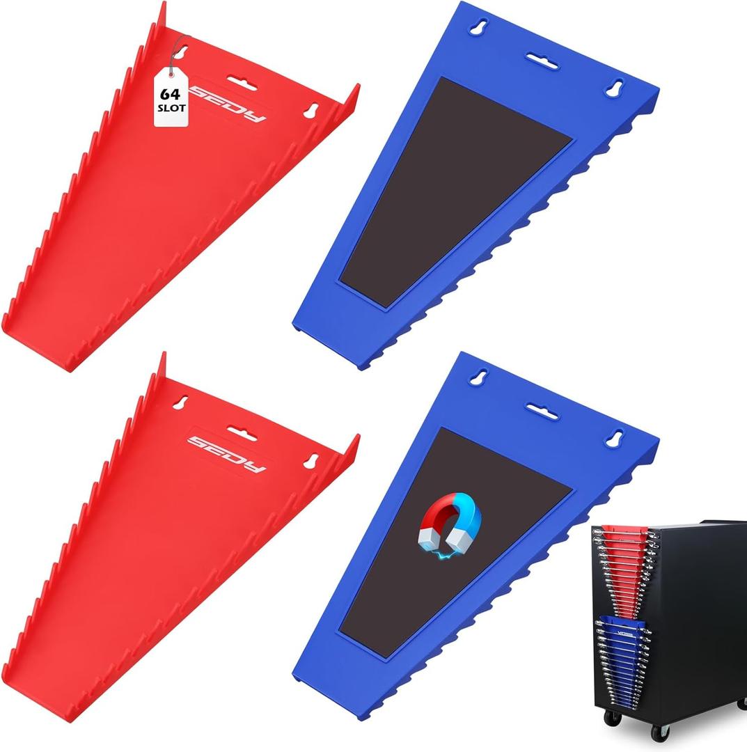 4-Pack Magnetic Wrench Organizer, 64-Slot Premium Wrench Rack Holder Tool Trays for Toolboxes Drawer Storage, SAE (1/4" - 1-1/16") & Metric (6mm - 24mm)