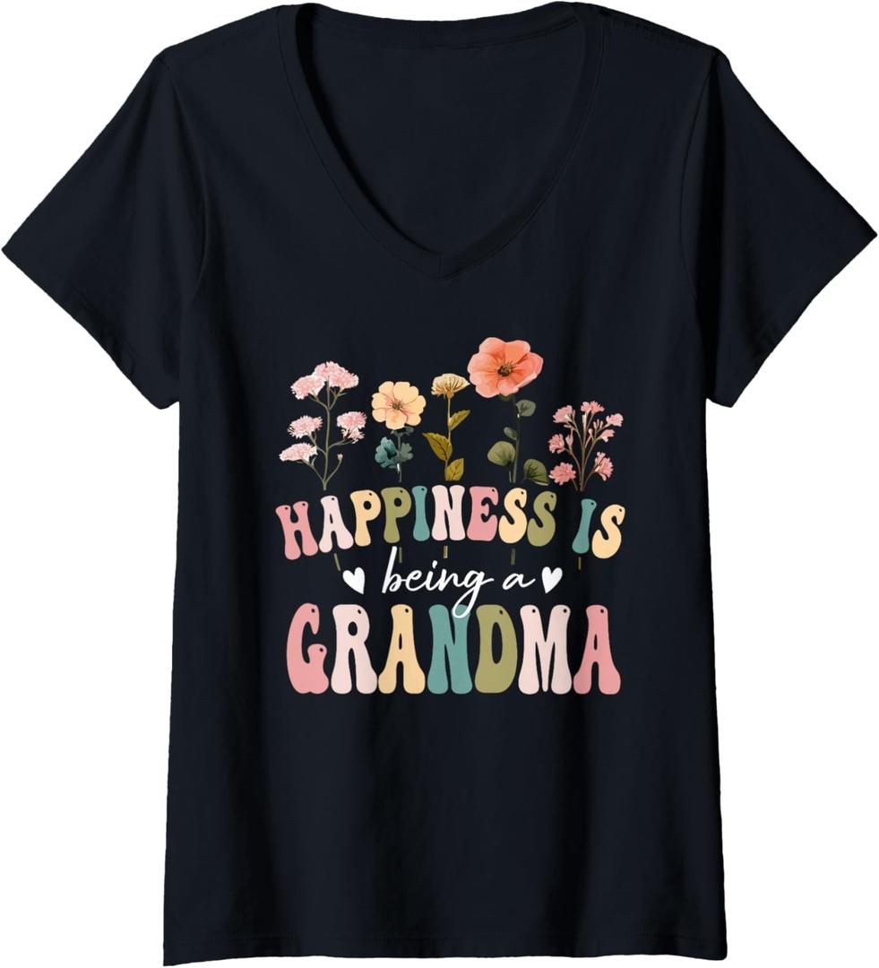 Womens Happiness is Being a Grandma Floral Grandma Mother's Day V-Neck T-Shirt, XL