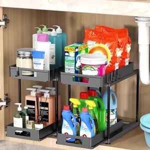 Kjfeoiye Under Sink Organizers and Storage, 2 Pack Large Capacity Heavy Load Pull-out Under Sink Shelves with Sliding Drawer for Kitchen and Bathroom, Black03