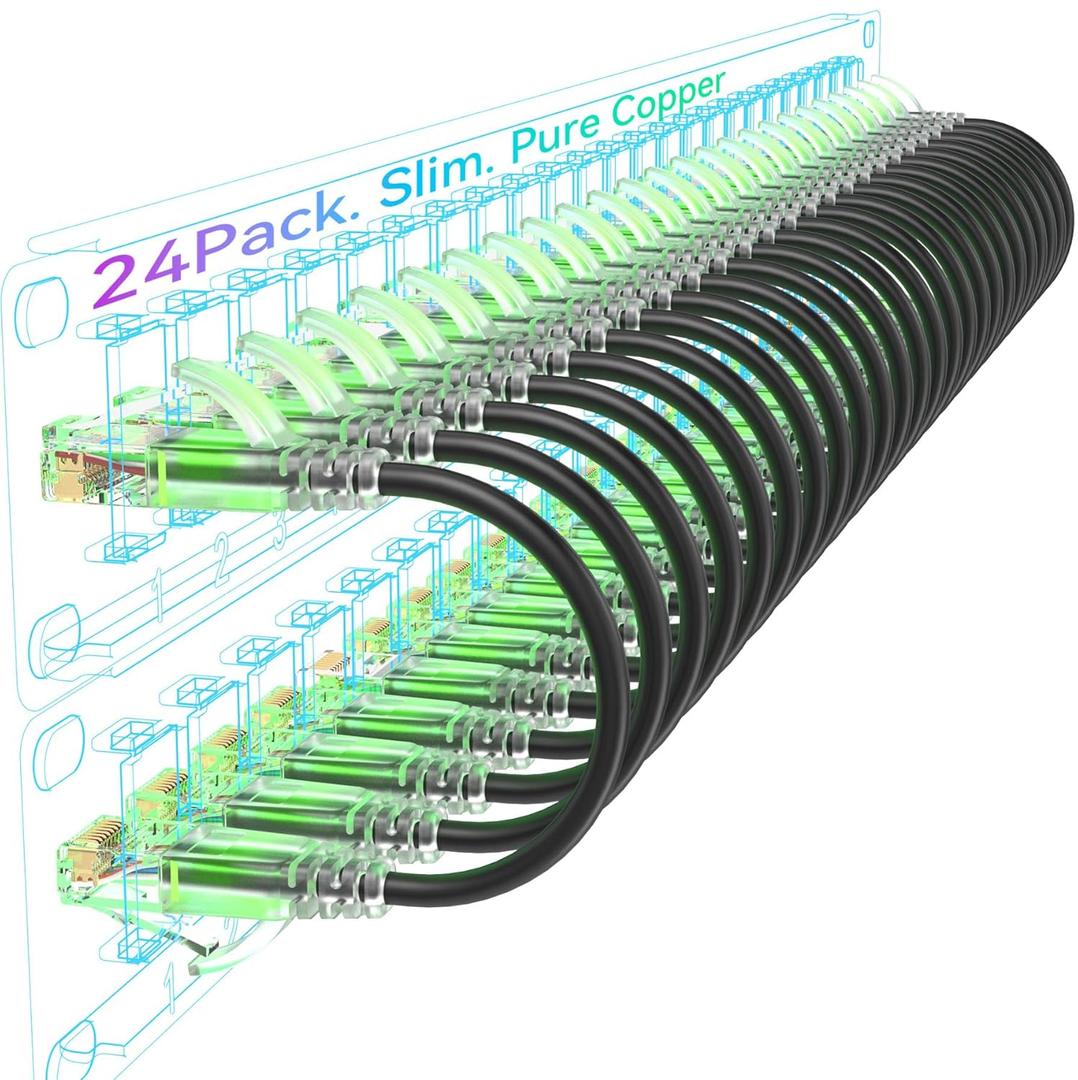 Sokqovt Cat6a Patch Cables Slim 1ft (24 Pack), Flexible Ethernet Cable 10G 550MHZ, 28AWG Pure Copper Cat6 for Network Cabinet, Cat 6 Black