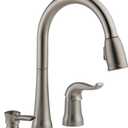 Delta Kate Brushed Nickel Kitchen Faucet with Pull Down Sprayer and Soap Disperser, Modern Two Hole Kitchen Sink Faucet, Single Handle, Stainless 16970-SSSD-DST
