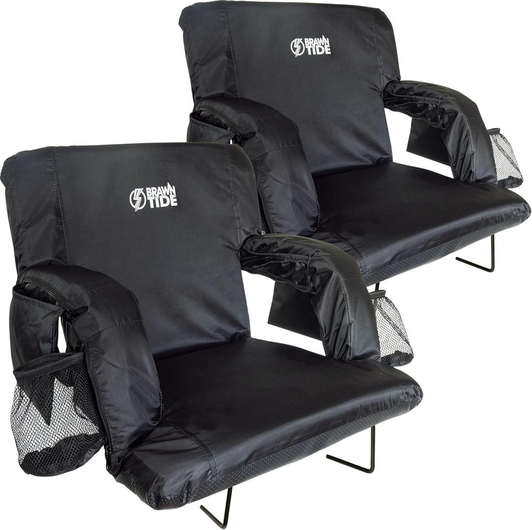 BRAWNTIDE Stadium Seat with Back Support - Comfy Cushion, Thick Padding, 2 Steel Bleacher Hooks, 4 Pockets, 2 Cup Holders, Reclining Back, Ideal Chair for Sport Events, Beaches, Camping, Concerts (Regular - Width 20.5 Inches, Black, 2 Pack)
