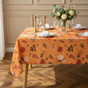 Thanksgiving Waterproof Tablecloth  Fall Harvest Pumpkins, Maple Leaves & Berries Print  Autumn Rectangle Table Cover for Dining or Party, Brown, W60 x L120 in