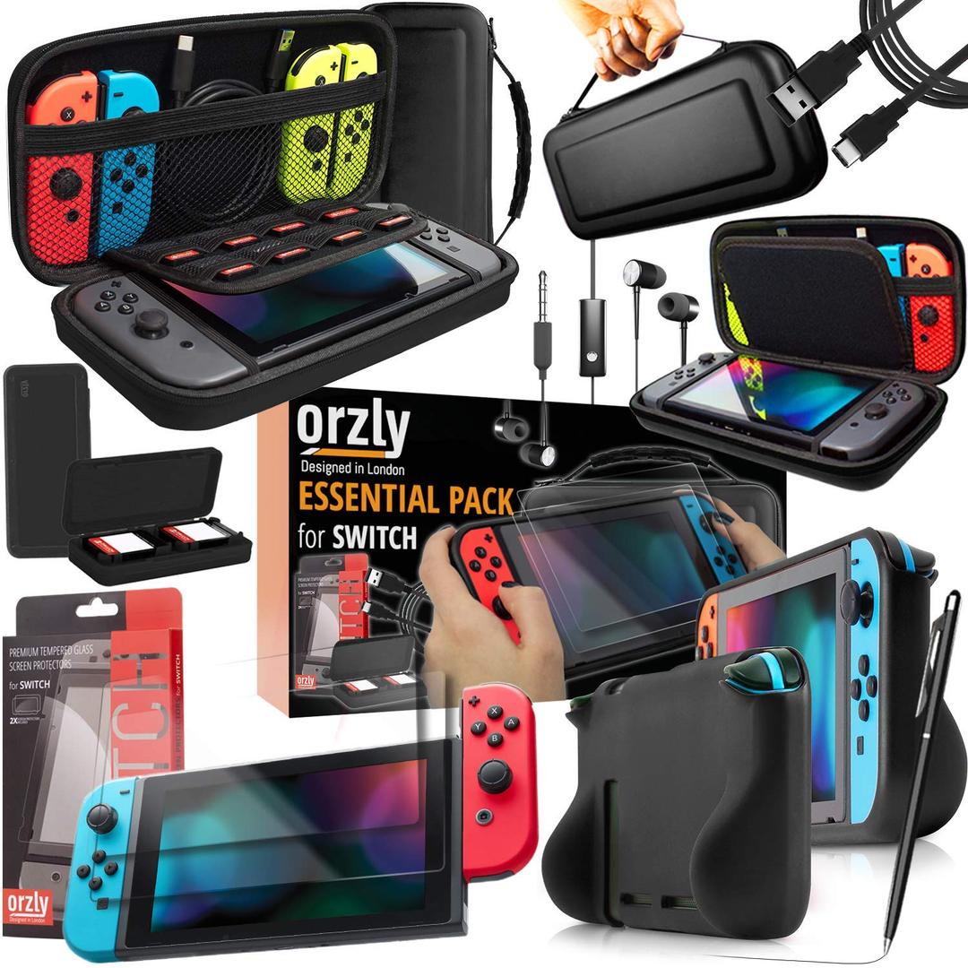 Orzly Switch 1 / Switch OLED Accessories Bundle  Case & Screen Protector for Nintendo Switch 1 (2017-2024 Console) Charge Cable, Game Holder, Comfort Grip Case, Headphones & More  Gift Box Edition (Black)