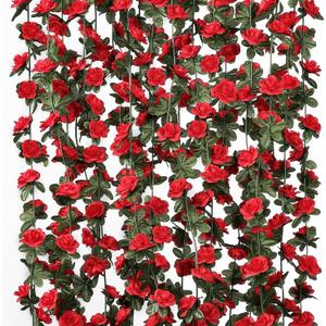 KHOYIME 18 Pack 144 FT Artificial Flower Garland, Fake Red Roses Vines Silk Flowers Faux Plastic Outdoor Hanging Floral Ivy Garland Decoration for Wedding Arch Bedroom Home Wall Backdrop Room Decor, 18pcs