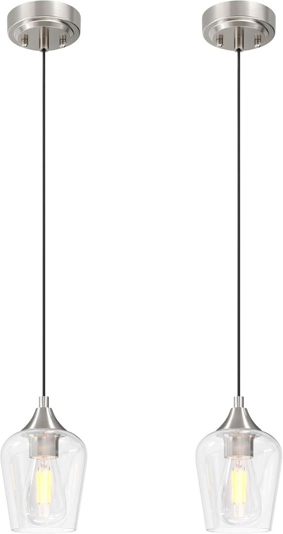 VONLUCE Pendant Lights Kitchen Island, Brushed Nickel Pendant Light Fixtures with E26 Base & Adjustable Cable, Modern Pendant Lighting with Glass Shade for Living Room Bedroom Hallway, 2 Packs