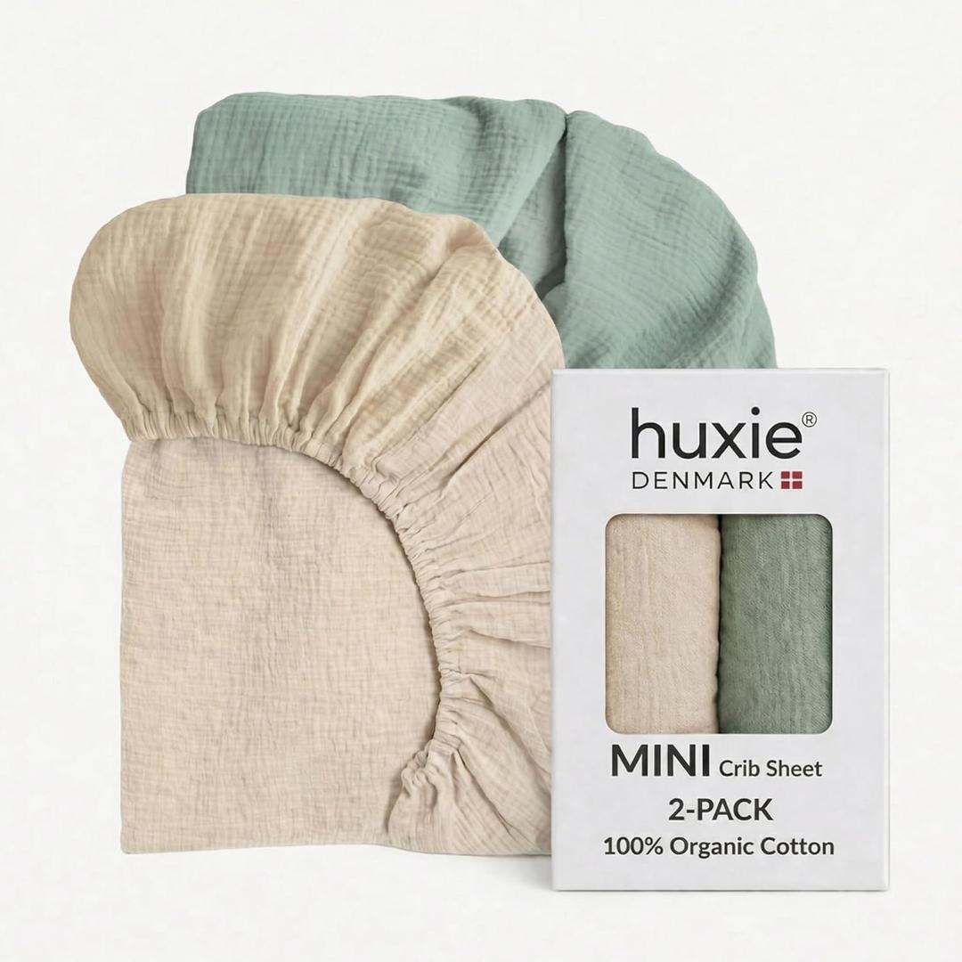 Mini Crib Sheets - Organic Cotton Muslin Fitted Crib Sheet Fitted for Pack and Play - Ultra-Soft and Breathable Crib Sheets for Boys and Girls (Mini Fog/Roman Green)