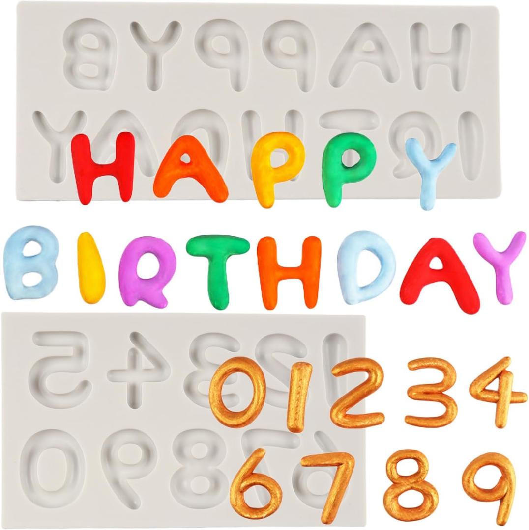 Happy Birthday Silicone Molds Birthday Alphabet Fondant Mold Numbers Chocolate Molds For Birthday Party Cake Decorating Cupcake Topper Gum Paste Candy Polymer Clay Set Of 2