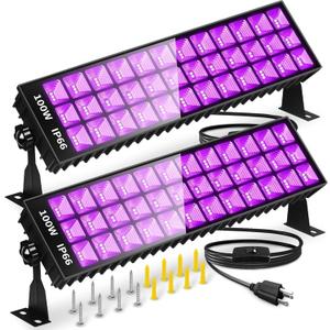 THECHAM 2 Pack 100W LED Black Lights Bar, Black Light for Glow Party, 385-400nm Blacklight Flood Light for Blacklight Party, Bedroom, Halloween, Fluorescent Poster, Body Paint