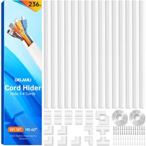 Delamu Cord Hider, 236in Cord Covers for 3-4 Wires on Wall, Cable Hider Wire Covers for Cords, Wire Hiders for TV on Wall, TV Cord Hider for Wall Mounted TV, 15x L15.7 W1.18 H0.6in, White