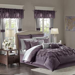 Madison Park Essentials Queen Comforter Set, 24 Piece Bedding With Matching Curtains, Decorative Pillows, Luxe Diamond Tufting , Room in a Bag Joella Collection, Plum Queen