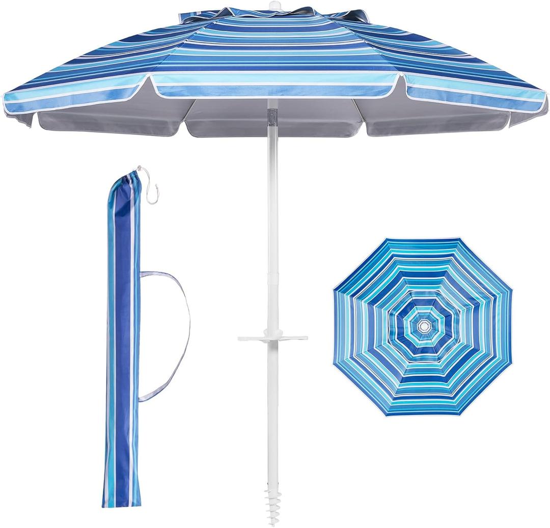 Aoxun Beach Umbrella with Tilt Pole, Portable Sand Anchor and Carry Bag, UPF 50+ Sun Shelter Air Vents Design for Outdoor Activities (Navy Blue & White), 6.5ft