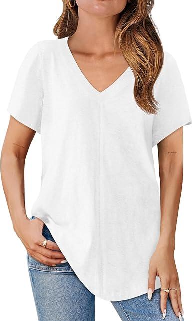 Cicy Bell Womens V Neck T Shirts Summer Short Sleeve Curved Hem Tops Casual Loose Fit Tunic Basic Tee Shirts