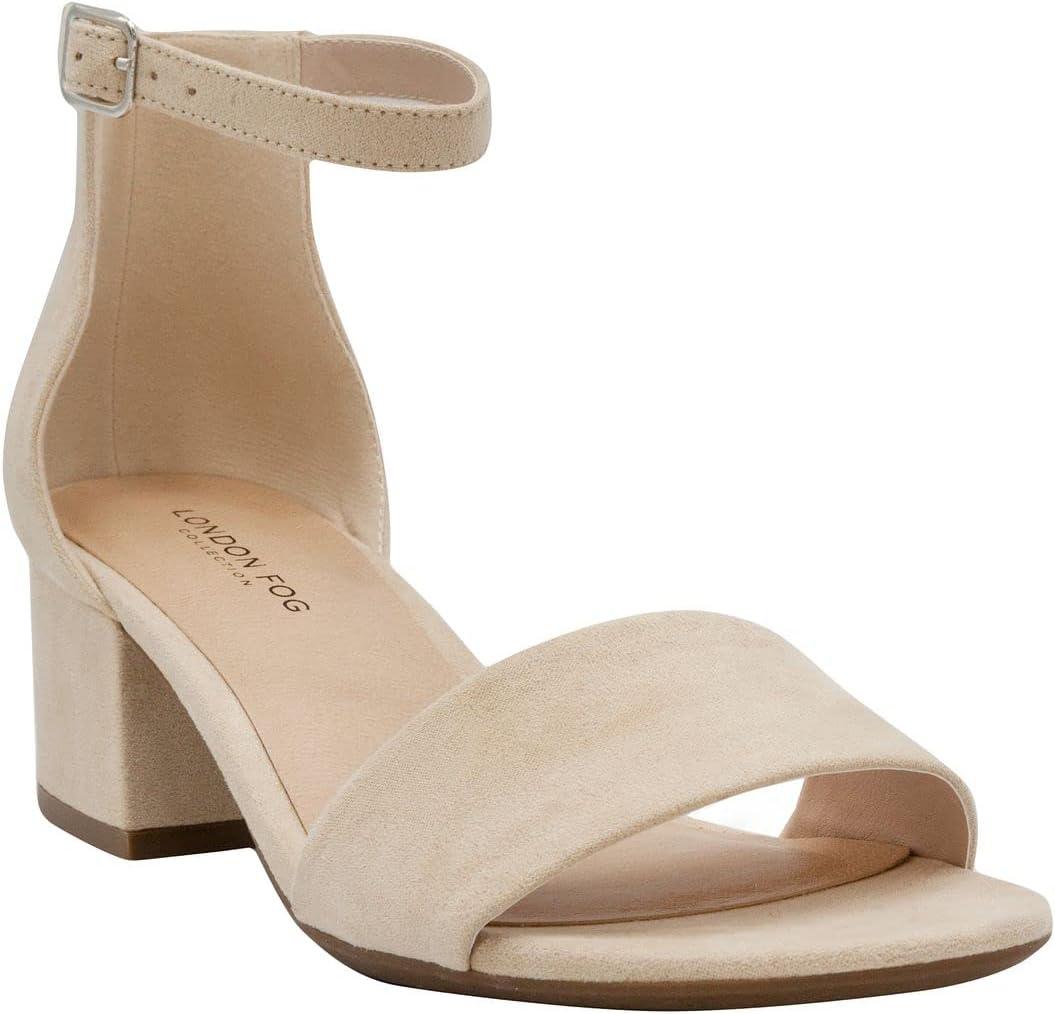 LONDON FOG Women's Nikki Low Two Piece Block Heel Dress Shoe Ladies Ankle Strap Pump Sandal (9, Nude)