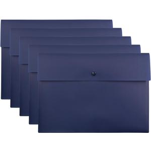 VANRA Poly File Folder Pockets File Jacket Plastic Envelope Flat Document Letter Organizer with Snap Button Closure A4 Letter Size (Pack of 5, Navy Blue)