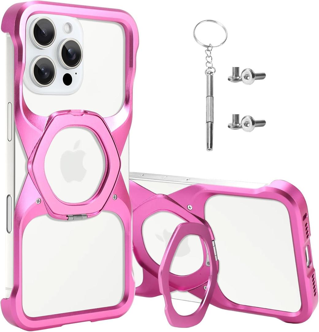 Adaivia Phone Case, Suitable for iPhone 16Plus, Simple Frameless Design, with Magnetic Phone Stand Metal Shell ((Megalith) Hot Pink)