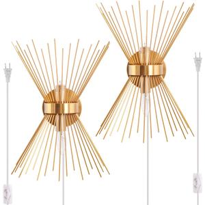 VILUXY Mid-Century Plug in Wall Sconces Antique Brass Brush Paint Finish with Starburst Shade and ON/Off Switch Cord for Bedside, Bedroom, Hallway, Entryway, Passway, Vanity 2 Pack