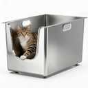Stainless Steel Litter Box 13.7'' High Sides, XL Metal Cat Litter Box with Curved Low Entry, Cat Litter Pan for Big & Multiple Cats, Pet Toilet with Handy Wheels for Easy Moving