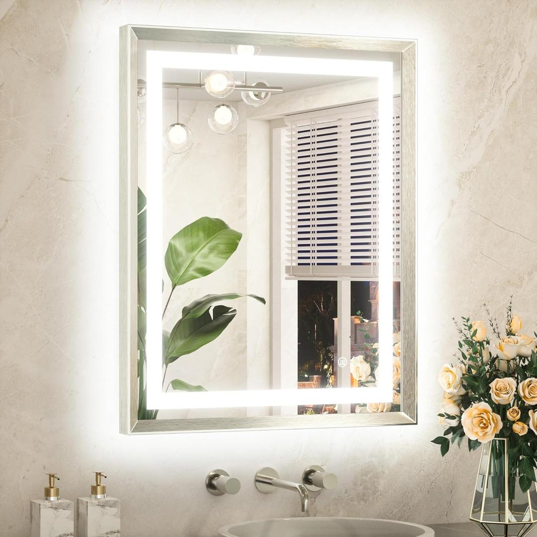 TETOTE 24 x 30 Large Bathroom Mirror Brushed Bright Nickel Metal Frame Frontlit & Backlit Vanity Mirror 3 Colors White/Warm/Natural Stepless Dimmable Anti-Fog Bathroom Mirrors for Vanity Wall-Mounted