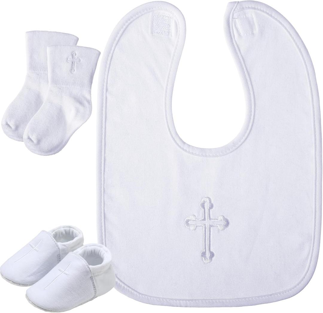 Hicarer 5 Pcs Baptism Gifts for Boys Girls Including White Embroidered Cross Bib Christening Shoes and Socks for Baby Infant (6-12 Month)