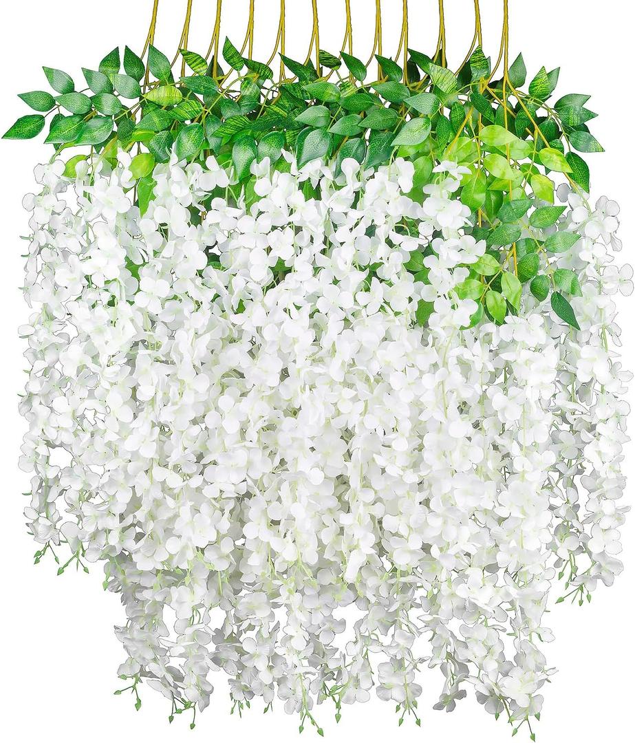 GPARK (36 Branches 12 Pack /45 inch /3.7ft Wisteria Hanging Artificial Flowers Fake Bushy Silk Vine Garland String for Wedding Party Garden Greenery Home Wall Deco White