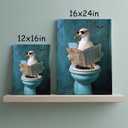Funny Toilet Canvas Wall Art Humorous Seagull Reading Newspaper Wall Decor Painting Pictures Funny Bird Print for Living Room Bedroom Bathroom Decoration Framed