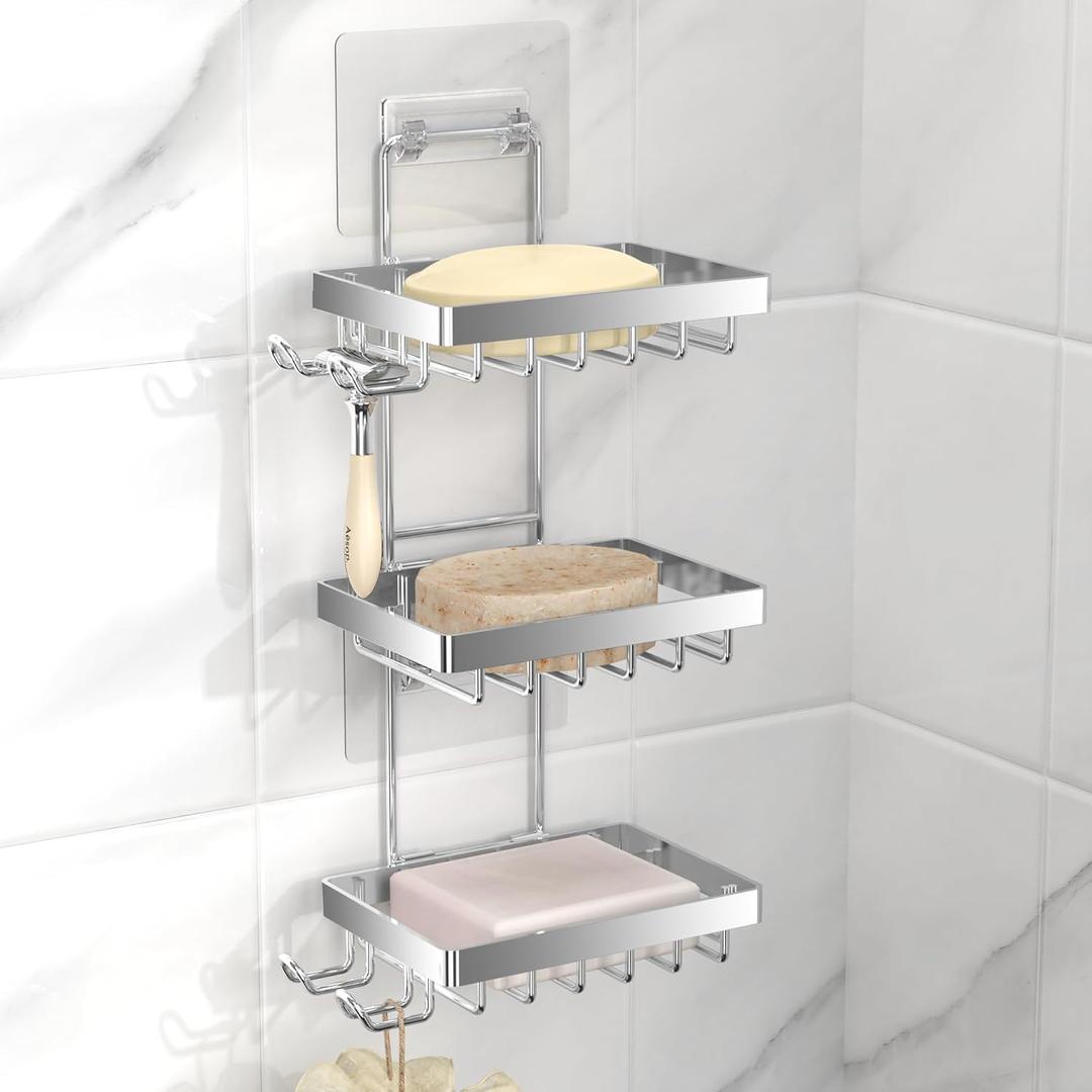 Moforoco Silver Soap Dish Holder for Shower Wall, No Drilling, 3-Tier 304 Rustproof Stainless Steel, Soap Bar Holder with 4 Hooks, Shampoo Bar Holder for Shower Caddy for Bathroom