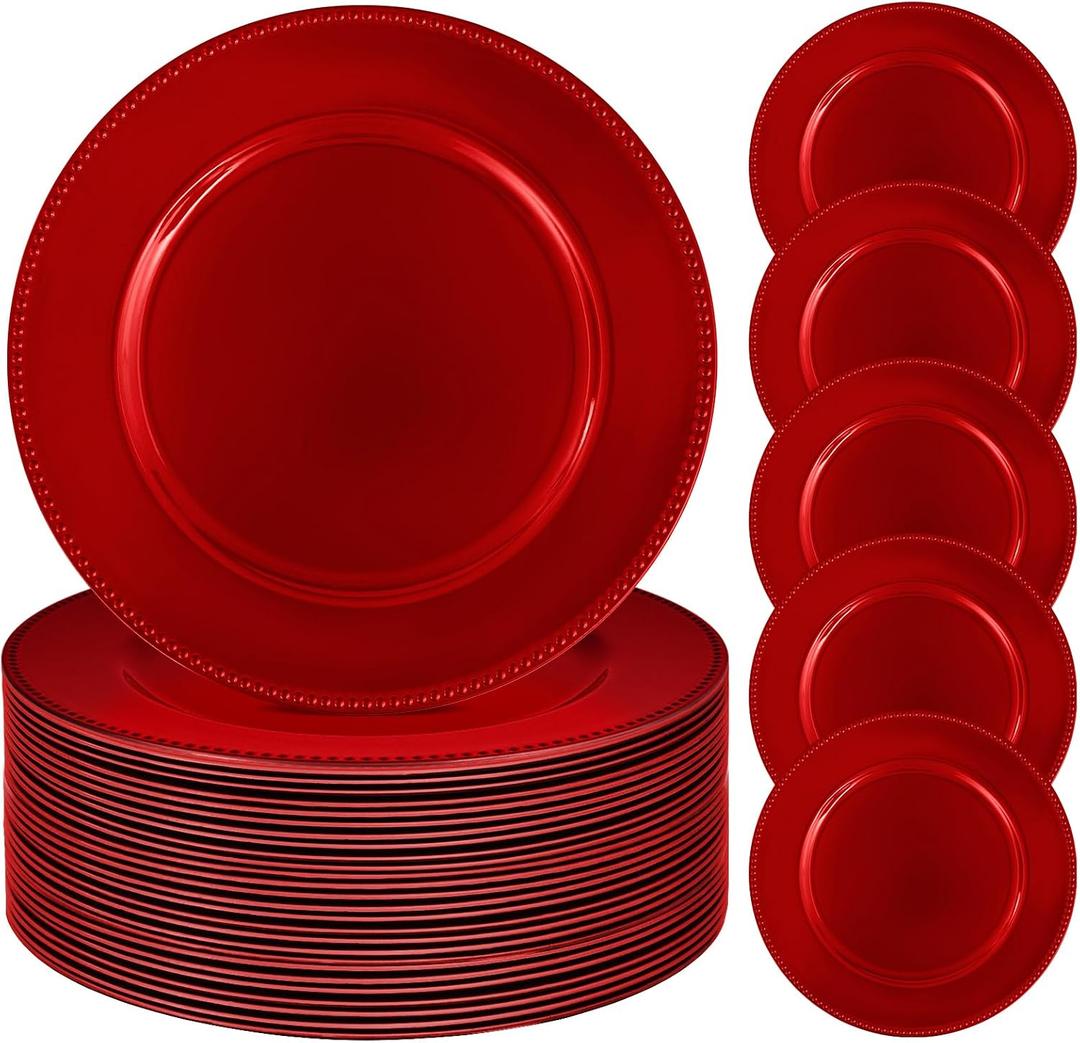 REWOMC 50 Pcs Red Charger Plates Bulk, 13" Round Beaded Plate Chargers, Decorative Plastic Table Chargers for Wedding Holiday Party Baby Shower Event Decoration (Red)