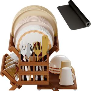 Greenual Teak Dish Drying Rack with Utensil Holder, 3 Tier Collapsible Dish Rack, Wooden Dish Racks for Kitchen Counter, Large Folding Drying Holder with Absorbent Dish Drying Mat
