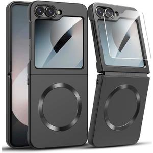MAKAVO for Samsung Galaxy Z Flip 6 Case, Flip 7 FE Case Compatible with MagSafe, with Built-in Screen Protector, Flip6 Slim Hard Magnetic Phone Case, Black