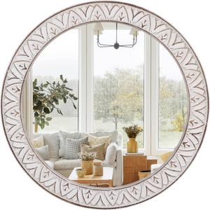 24" Round Mirror Farmhouse Wooden Frame Circle Mirrors, Rustic Decorative Distressed Wall Mounted Mirror for Bathroom, Bedroom, Living Room, Entryway, Fireplace, Hall (Flower White)