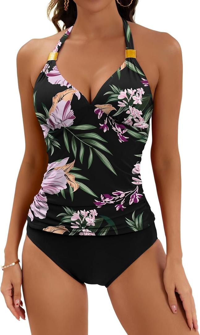 B2prity Halter Tankini Swimsuit for Women Tummy Control Two Piece Bathing Suit V Neck Swimwear with Shorts (Large, 15)