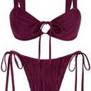 ZAFUL Women's Cinched Bikini Solid Color Wave Textured Knotted Tied Side Two Piece Swimsuit Bathing Suits, Medium