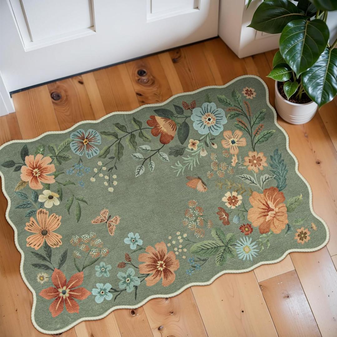 Lahome Floral Rugs for Entryway, 2X3 Washable Kitchen Rugs Ultra-Thin Soft Rug, Non Slip Indoor Door Mat Stain Resistant Boho Small Flore Throw Carpet for Bathroom Bedroom (2x3ft,Green)