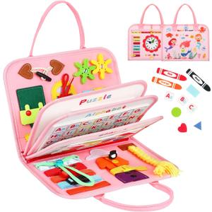 8 in 1 Toddler Busy Board for 1 Years Old, Montessori Toy Busy Book for Toddlers 1-3 Educational Sensory Toy Activity Basic Motor Skills, Kid Travel Essential 2-4 Yr Birthday Easter Gift for Girl (Pink)