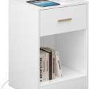 Nightstand with Charging Station, End Side Table with Storage Drawer and Open Cabinet, Bedside Table for Bedroom, White