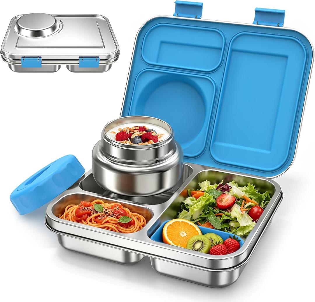 Stainless Steel Bento Box Kids Adult with 8oz Soup Thermo, 3 Compartments Metal Bento Lunch Box with Insulated Food Jar,Lunch Box Container Sauce Cup for School,BPA-Free(Blue)