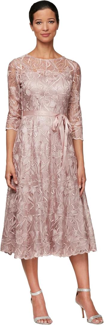 Alex Evenings womens Tea Length Embroidered Illusion Sleeves - Closeout Special Occasion Dress, Rose, 12 Petite US