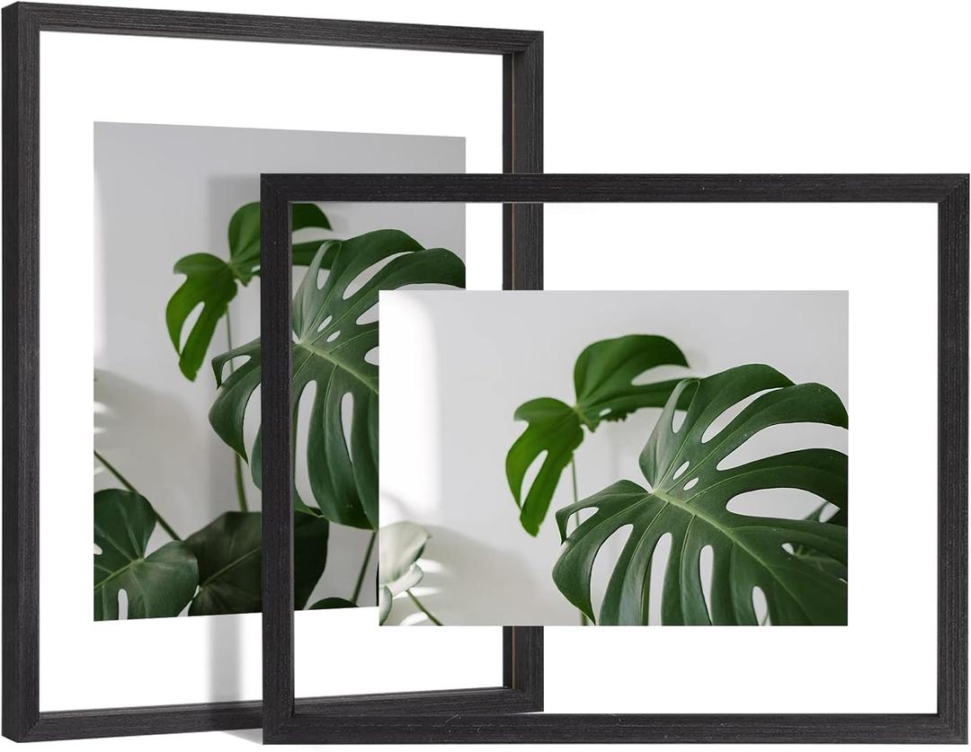 Egofine 11x14 Floating Frames Set of 2, Double Plexiglass Picture Frame, Made of Solid Wood Display Any Size Photo up to 11x14, Wall Mount or Tabletop Standing, Faded Black